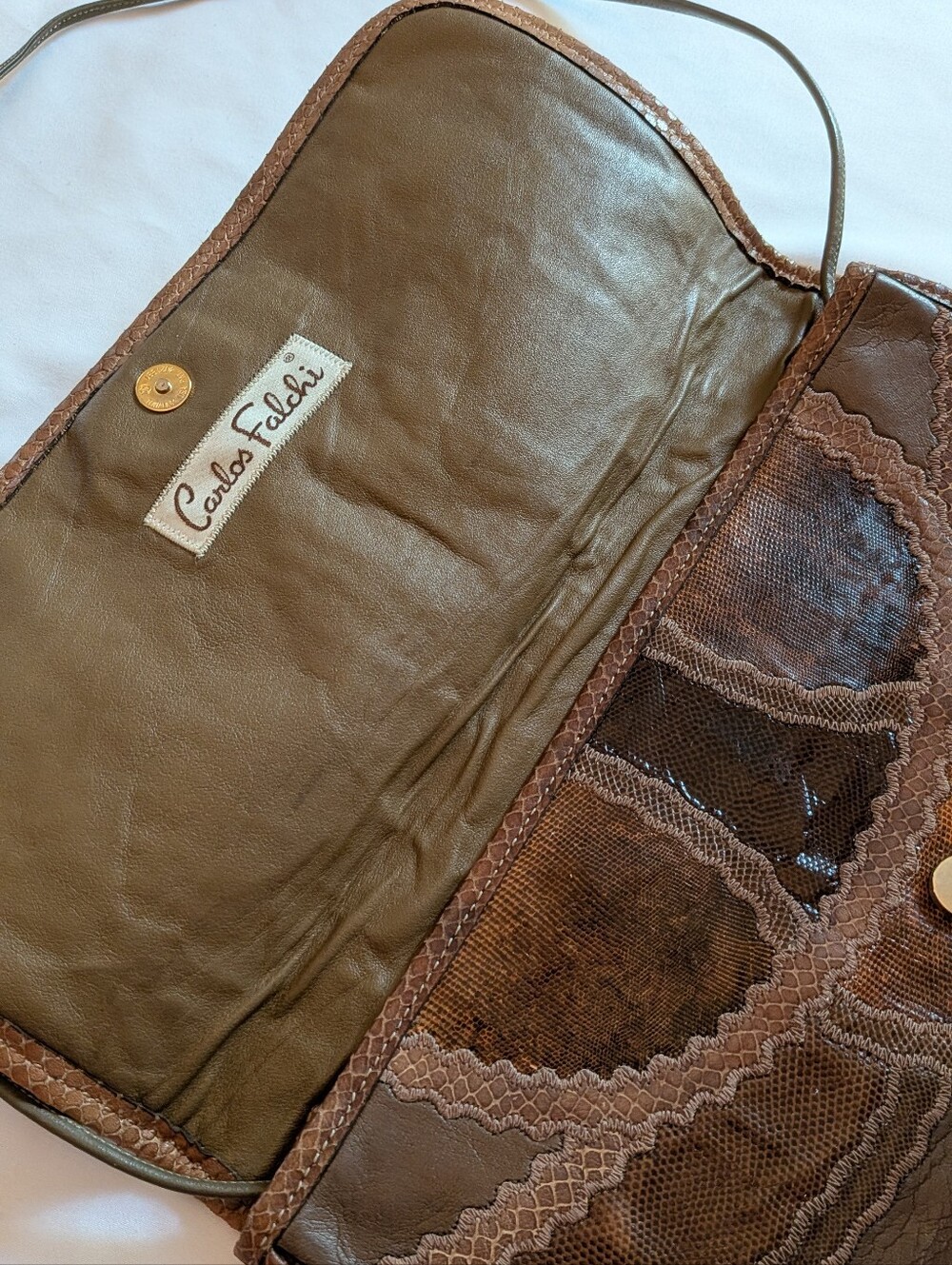 Vintage Carlos Falchi Brown Patchwork Leather Messenger Bag